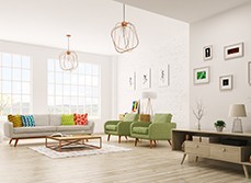 Wooden floor in modern living room with high ceilings
