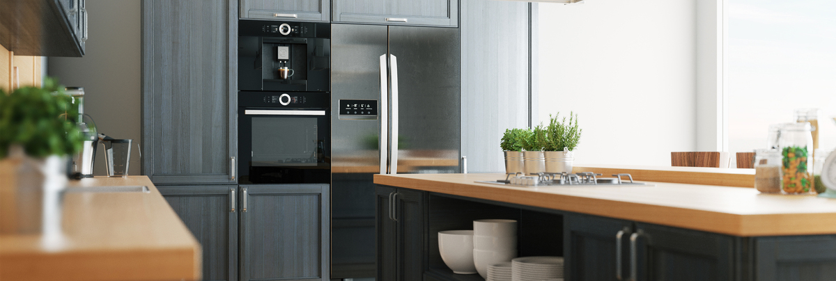 stylish kitchen with wooden and dark accents