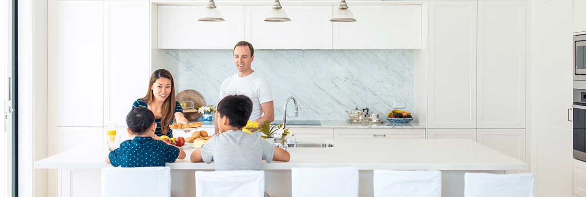 Sydney family having breakfast in new kitchen