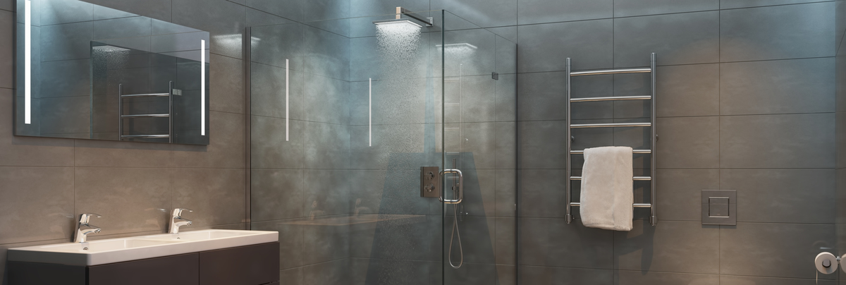 Modern grey bathroom design rain shower