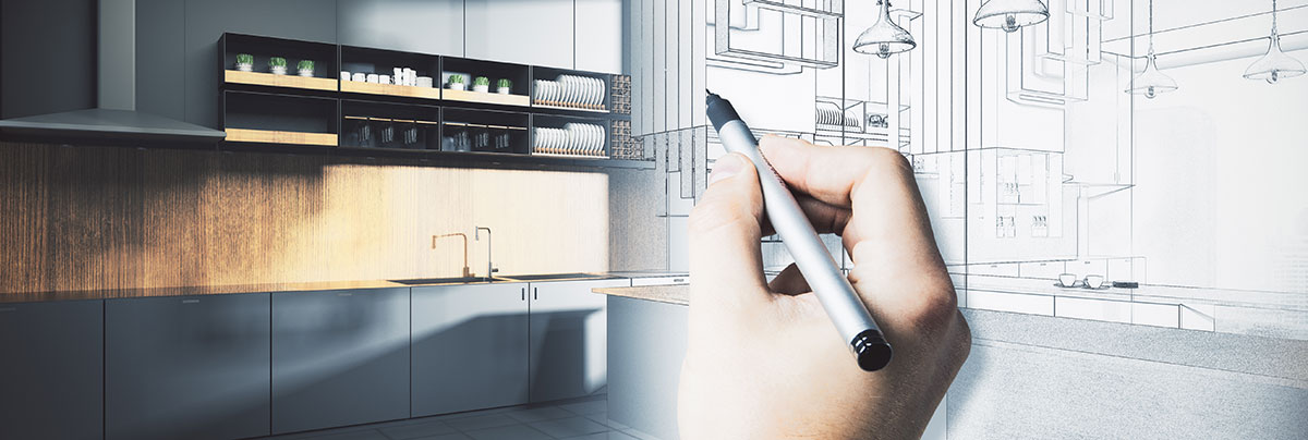 architect drawing renovation of a kitchen