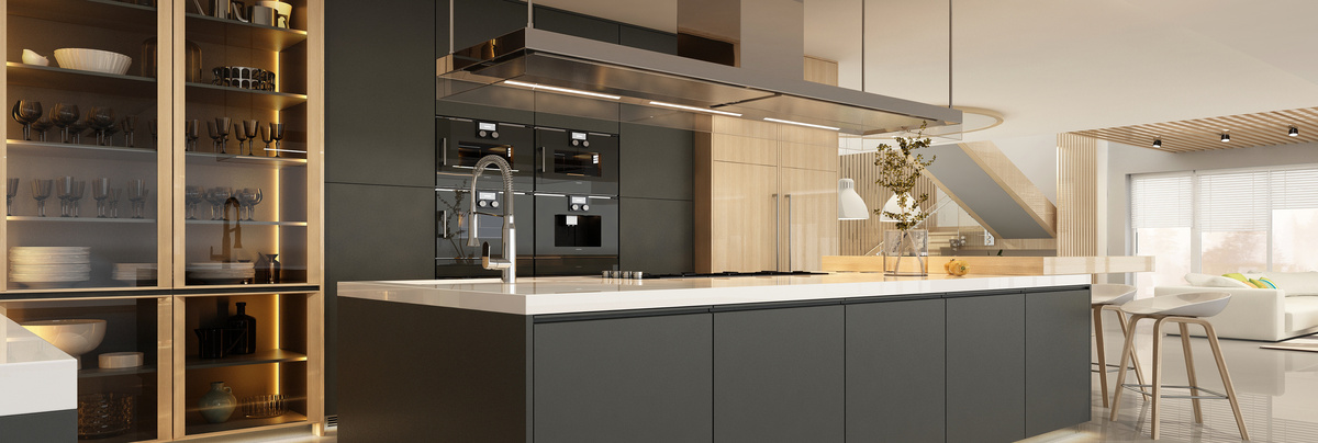 A large black kitchen with central island