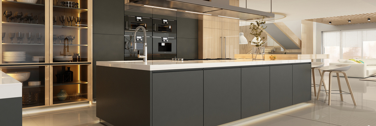 A trendy large black open plan kitchen