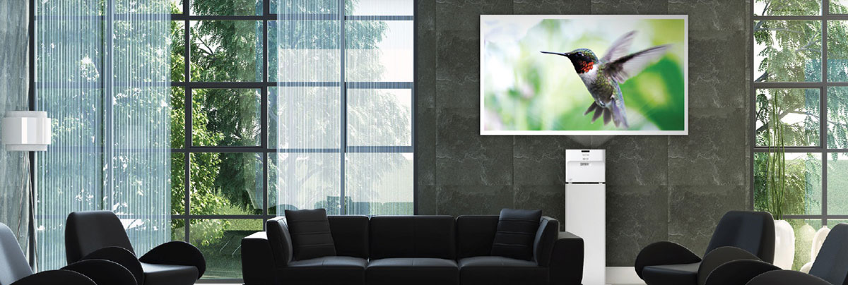 Ricoh Ultra Short Throw Projector in modern spacious living room