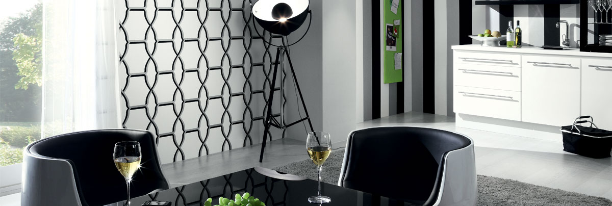 Black and white 1960s inspired feature wall in dinning area