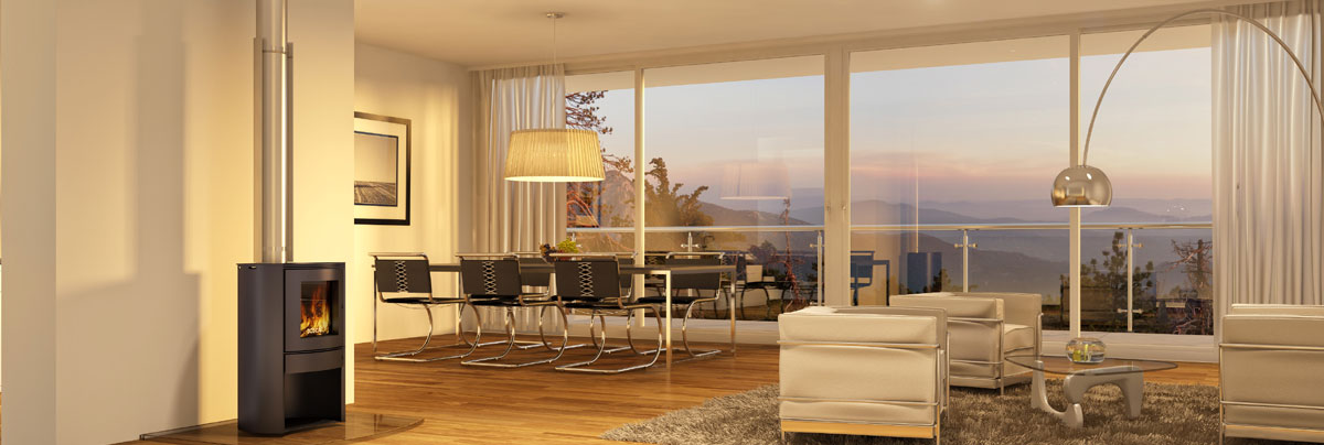 Gas freestanding fireplace in living room.