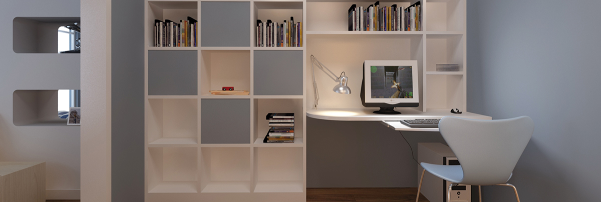 Home Office with desk and shelving unit
