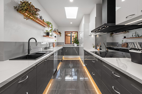 modern kitchen renovation, lights and sleek style