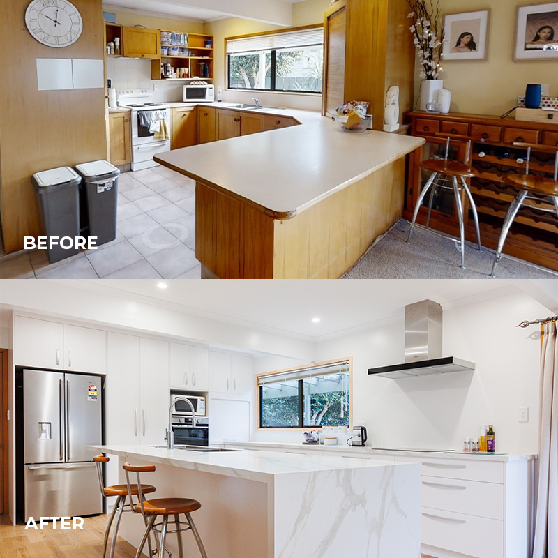 A Before and After photo of a kitchen remodel in Palmerston North.