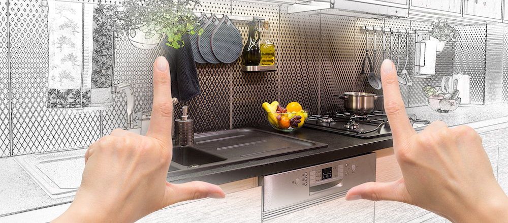 Visualisation of a kitchen renovation with half sketched and completed kitchen in the middle. 