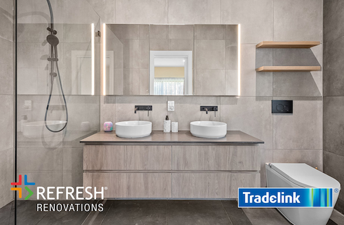 Tradelink and Refresh Renovations over a modern tiled bathroom