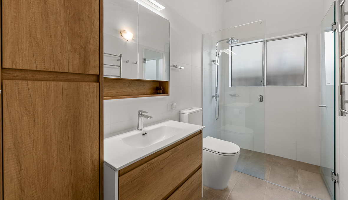 modern bathroom with wooden details