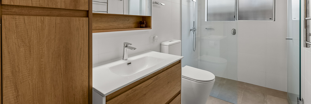 modern bathroom with wooden details