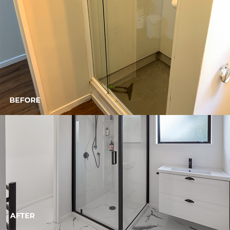 Before and after comparison bathroom renovation in Nelson with a new shower