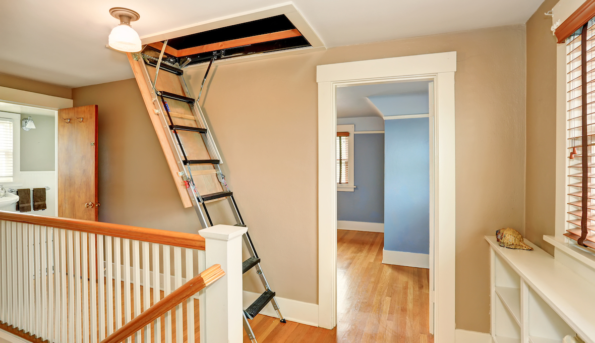 Ladder leading up to a loft space