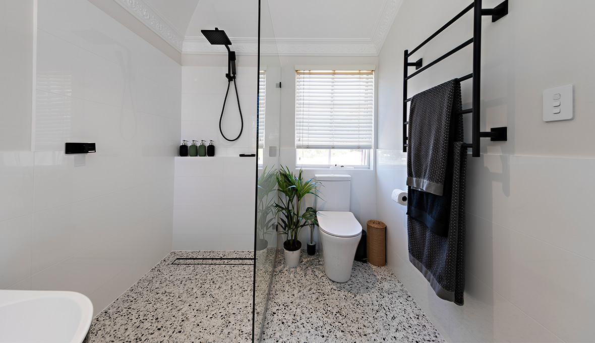 Black fixtures in a modern bathroom