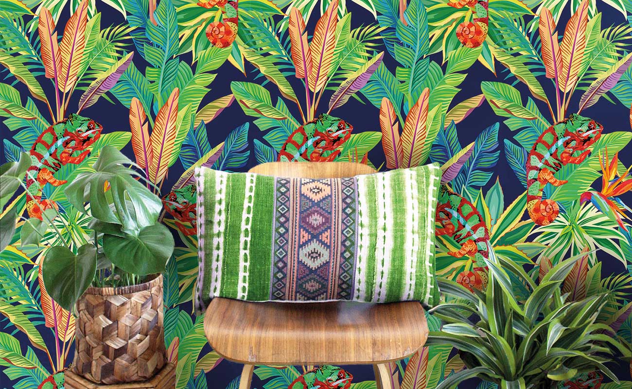 A mural wall style with wooden chair