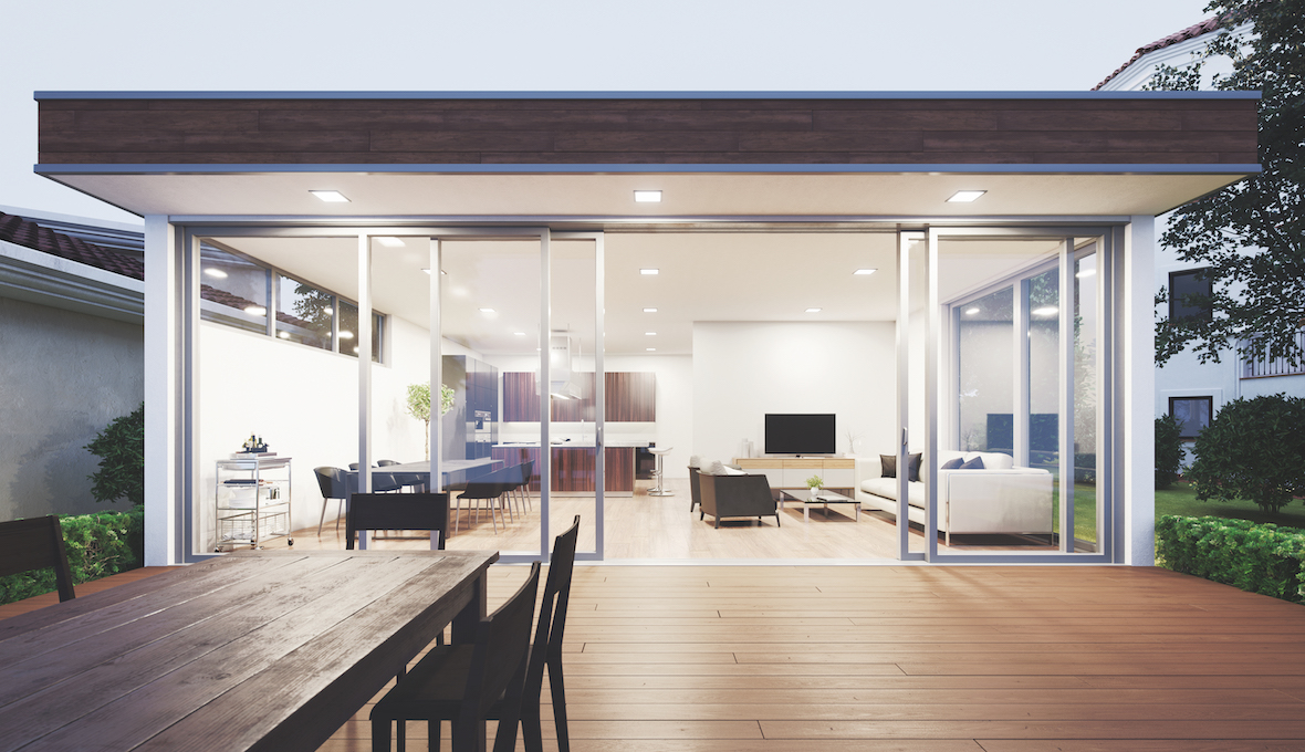 big windows and a sliding door 