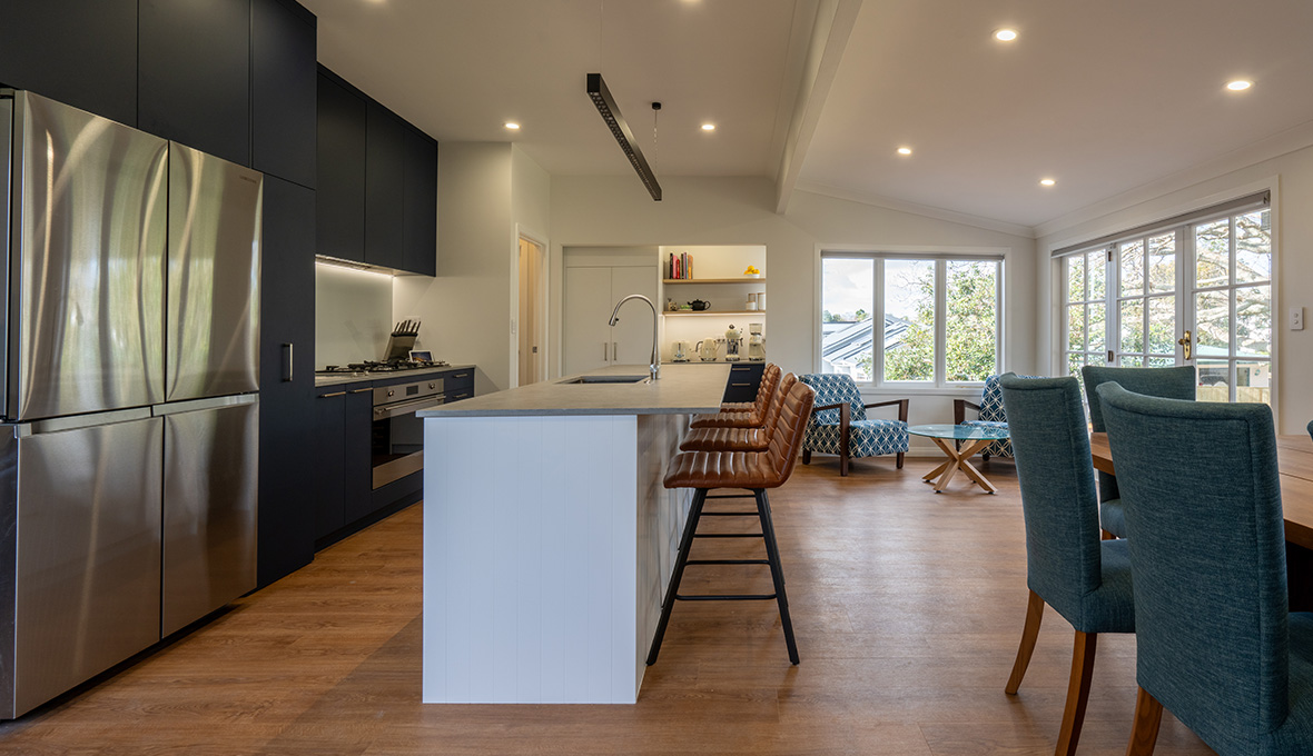 open plan kitchen solution with kitchen island and LED light under kitchen cabinets