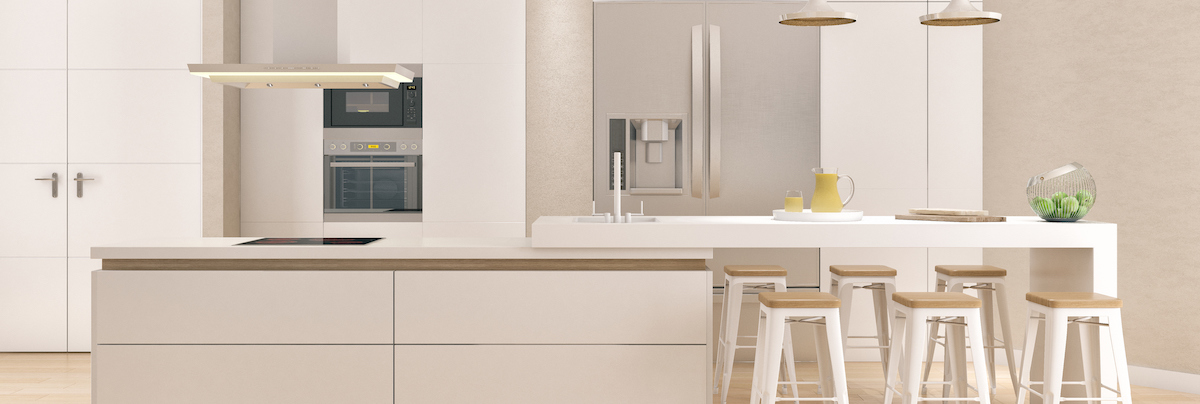 Light open plan kitchen design with beige feature walls