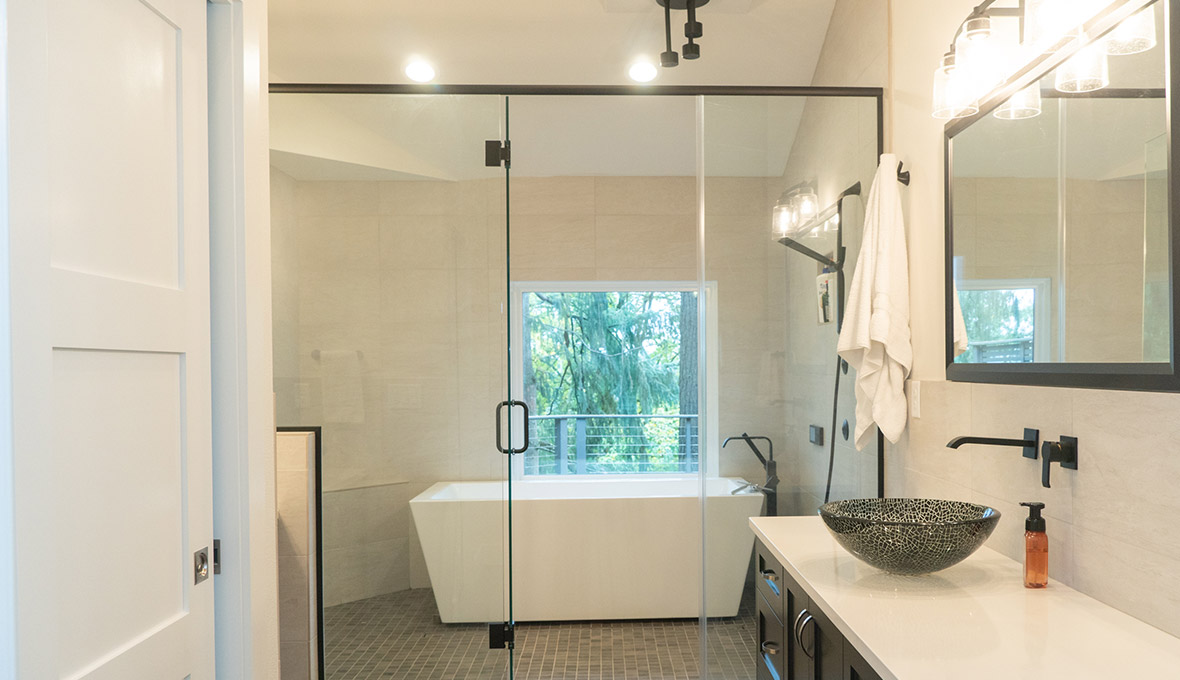 Luxurious bathroom with black fixtures