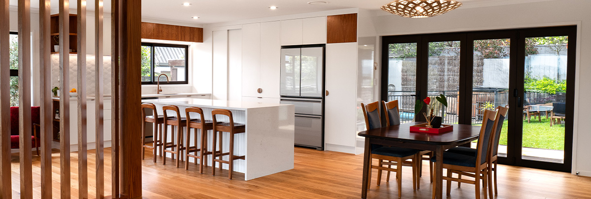 Open-plan living room with feature timber