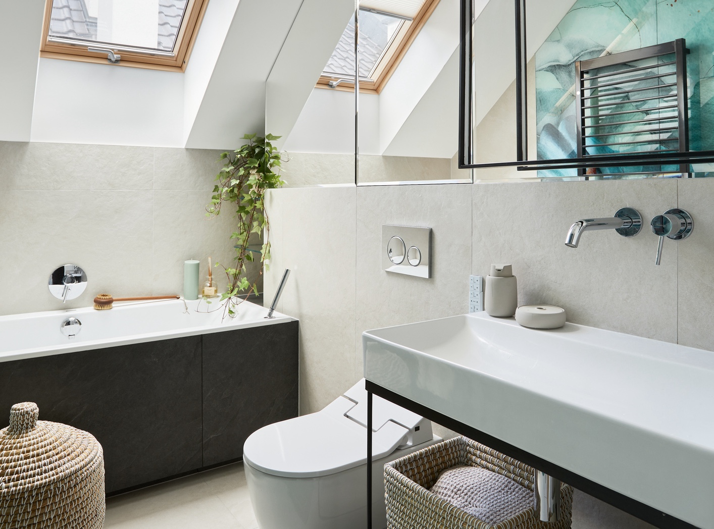 Light-filled bathroom with skylight