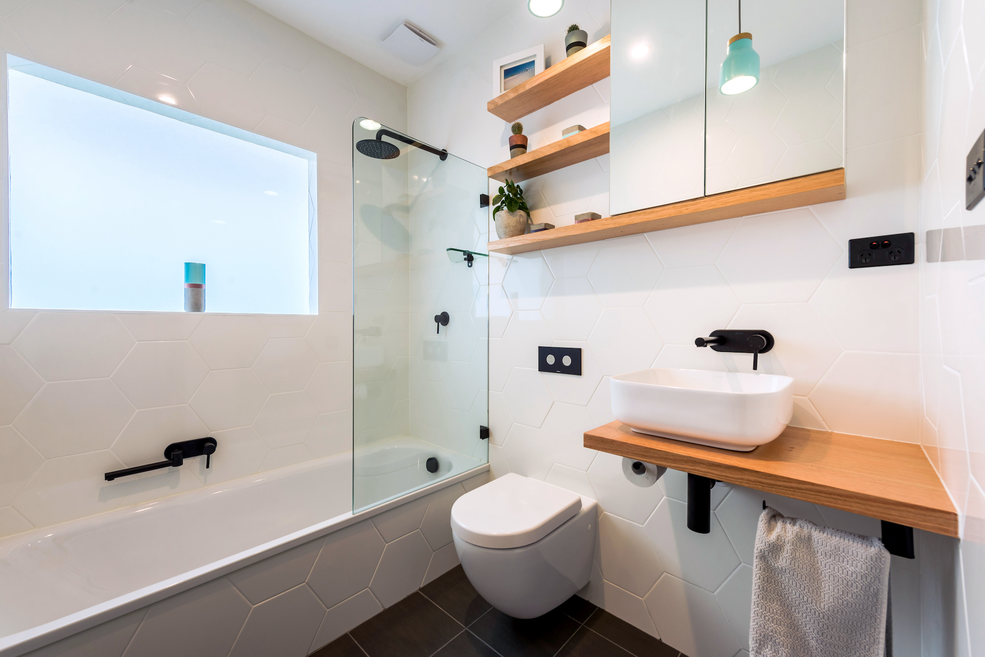 Haxagonal tiling with timber accents
