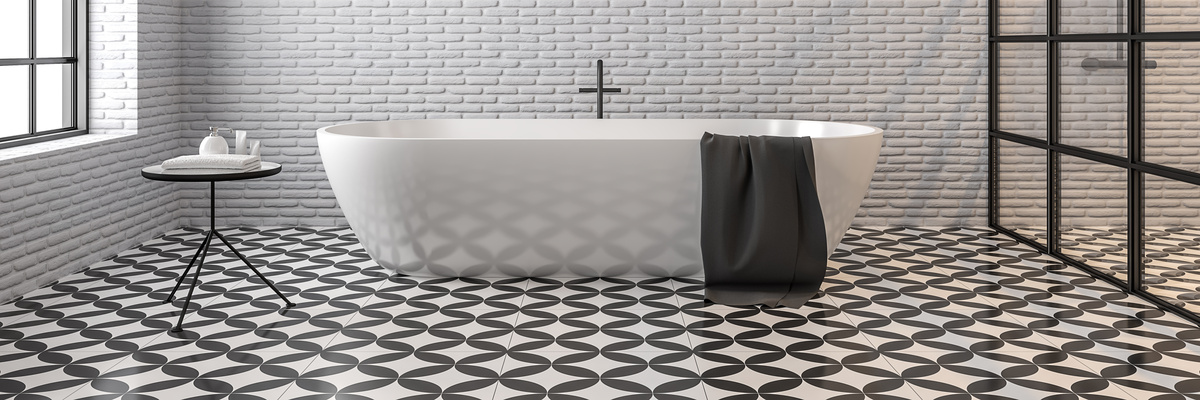 Bathroom with patterned flooring.