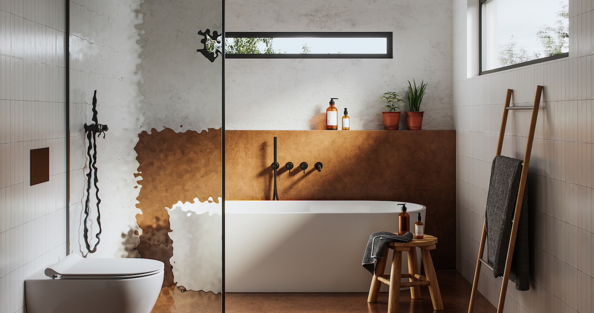 Bathroom with rust coloured feature wall