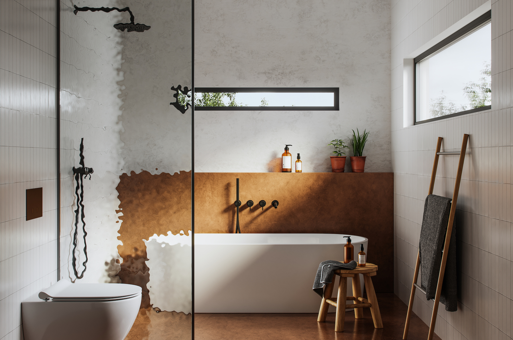 Bathroom with mustard feature wall