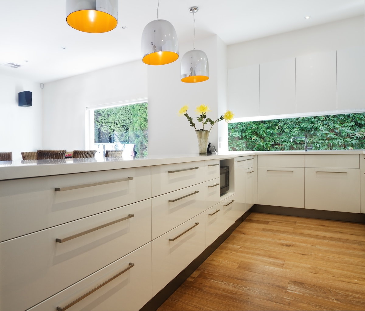 Kitchen with large windows