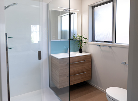 Bathroom with blue splashback