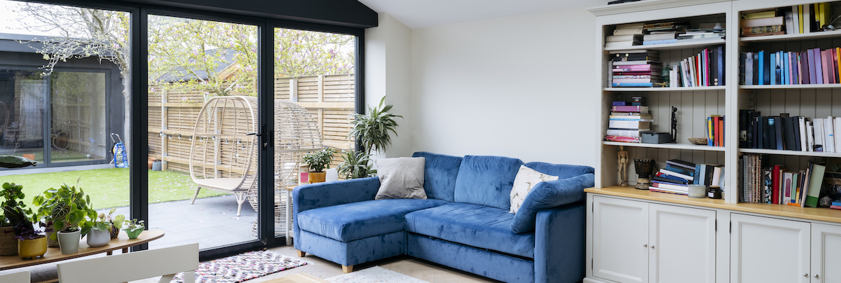 Interior lounge with blue velvet couch