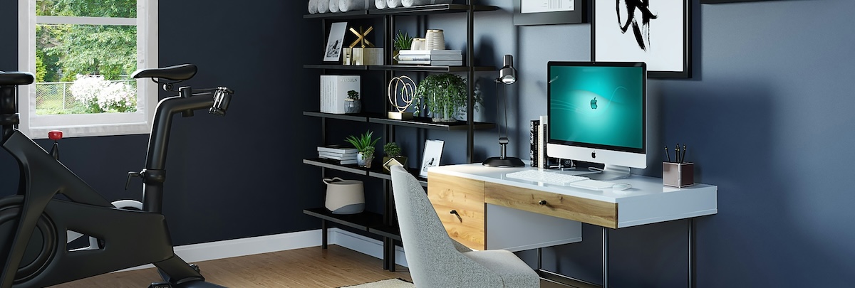 Home office with navy feature wall