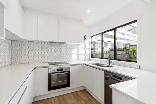 White modern kitchen with rectangle window