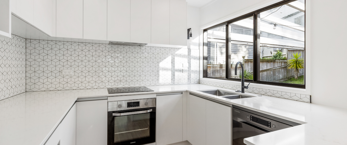 White modern kitchen with rectangle window