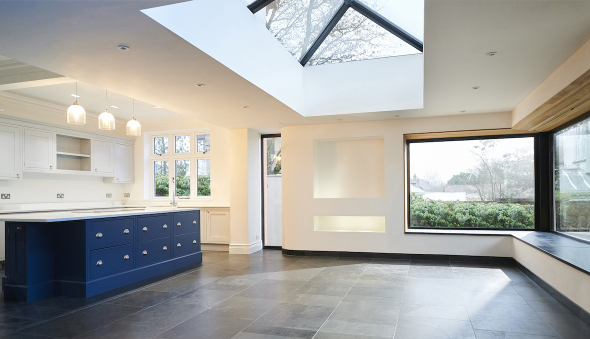 blue kitchen island roof window