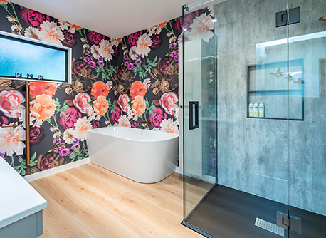 floral wallpaper in bathroom