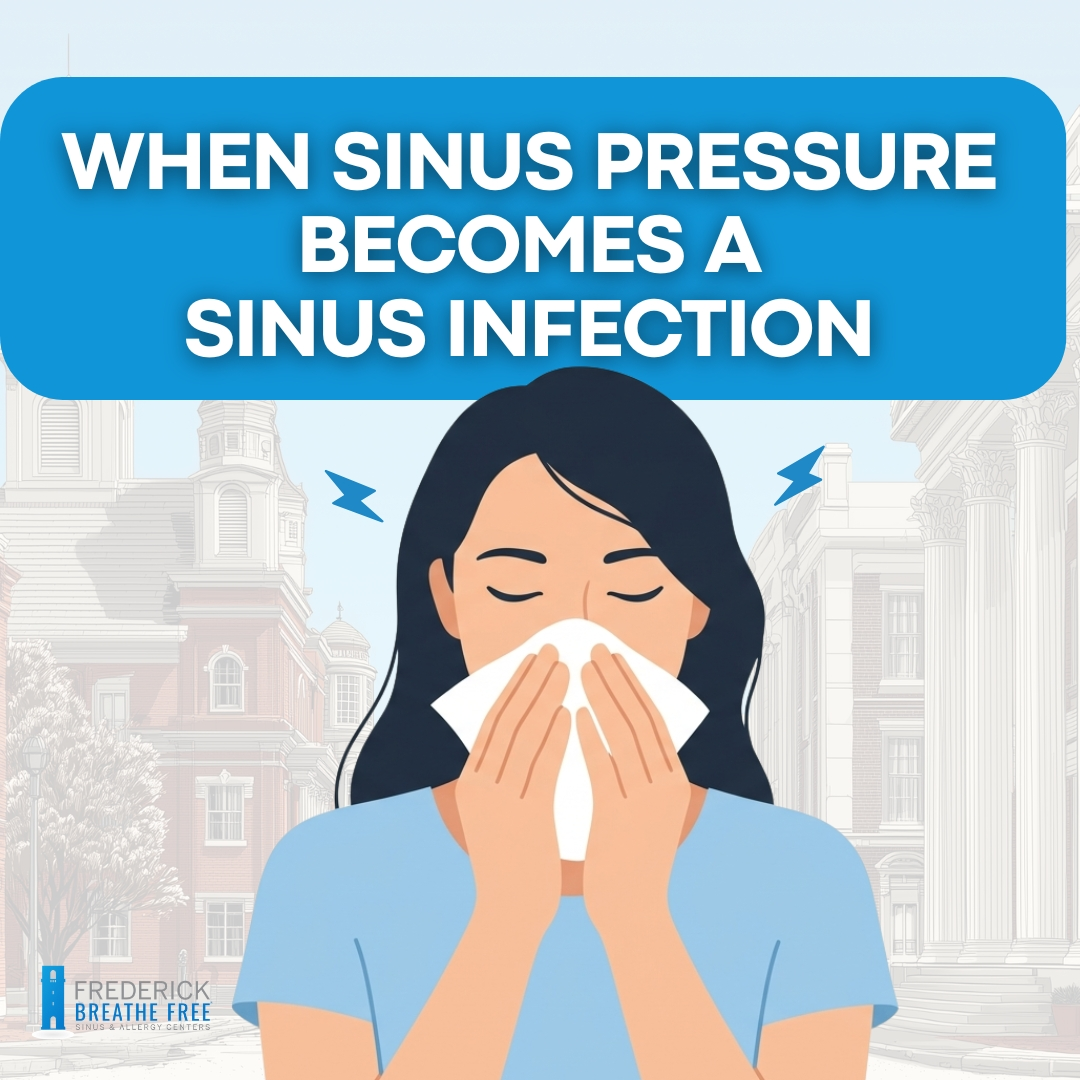 Illustration of a woman holding a tissue to her nose while experiencing sinus discomfort, with the headline "When Sinus Pressure Becomes a Sinus Infection" displayed above. A faint cityscape background and medical clinic branding for Frederick Breathe Free