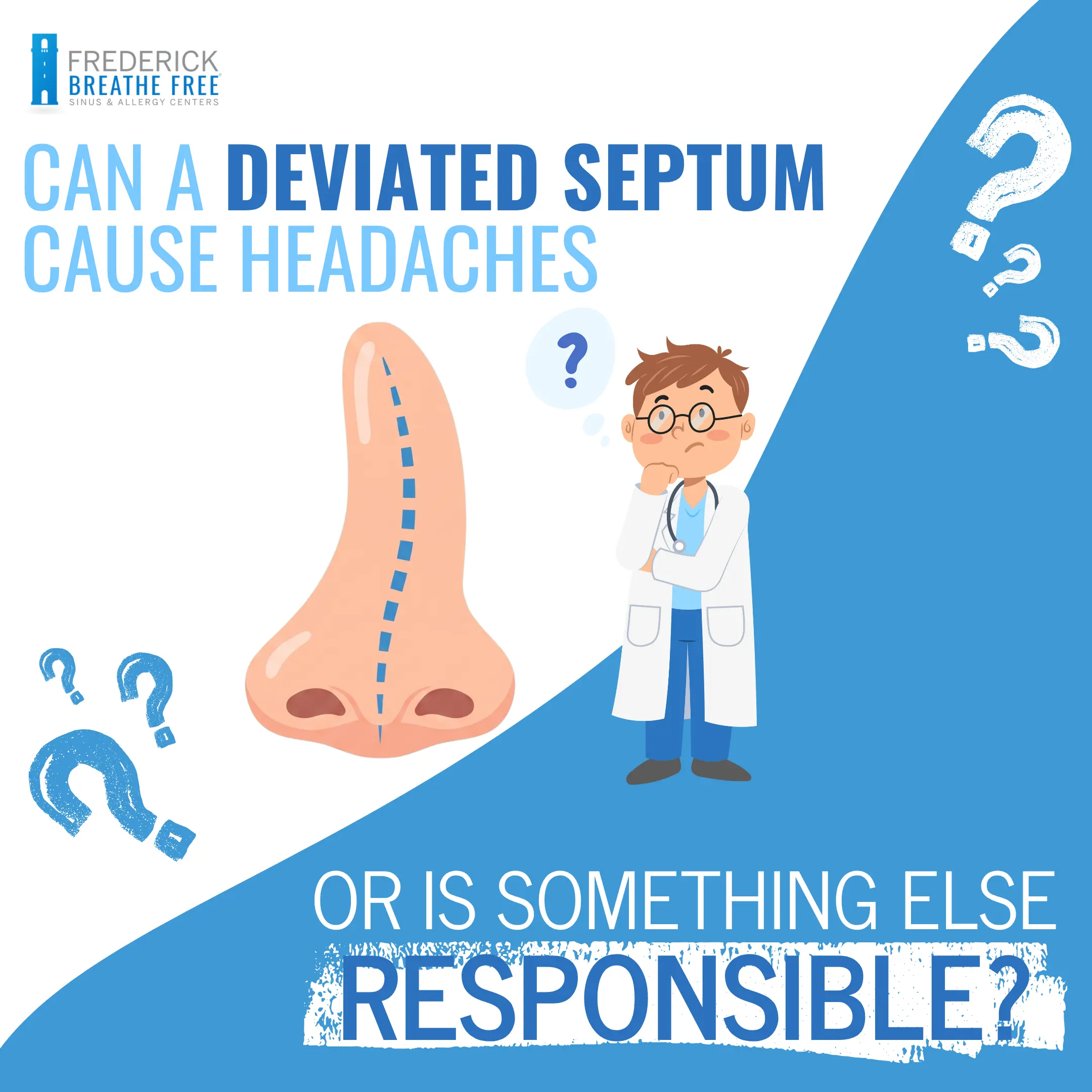 Illustration of a nose with a curved dashed line showing a deviated septum beside a puzzled doctor, with text overlay reading "Can a Deviated Septum Cause Headaches or Is Something Else Responsible?" and the Frederick Breathe Free logo