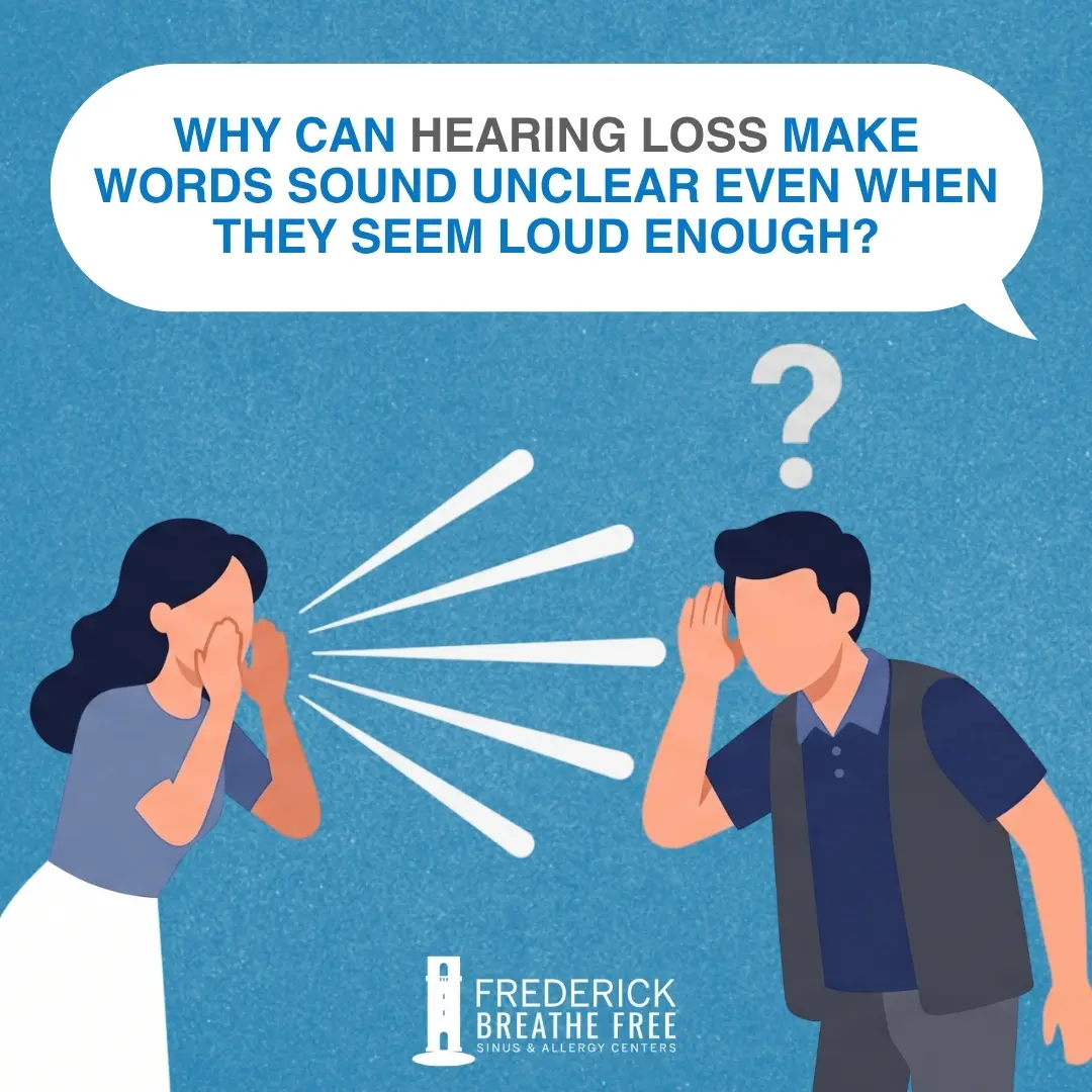 Illustration of a woman speaking toward a man cupping his ear to listen, with a question mark above him and text overlay reading "Why Can Hearing Loss Make Words Sound Unclear Even When They Seem Loud Enough?" and the Frederick Breathe Free logo