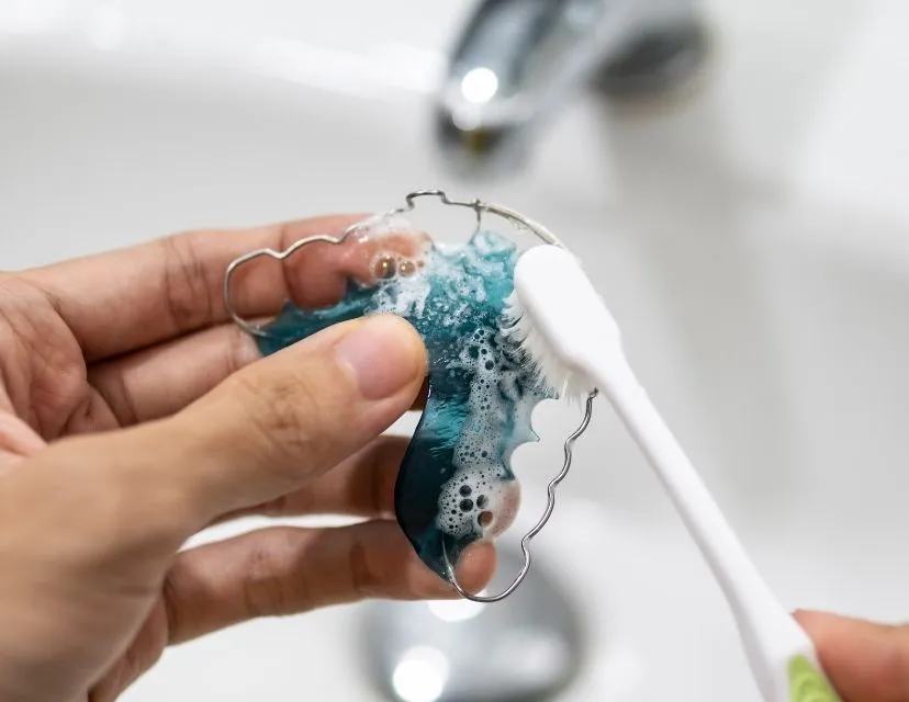 Person cleaning braces with a toothbrush