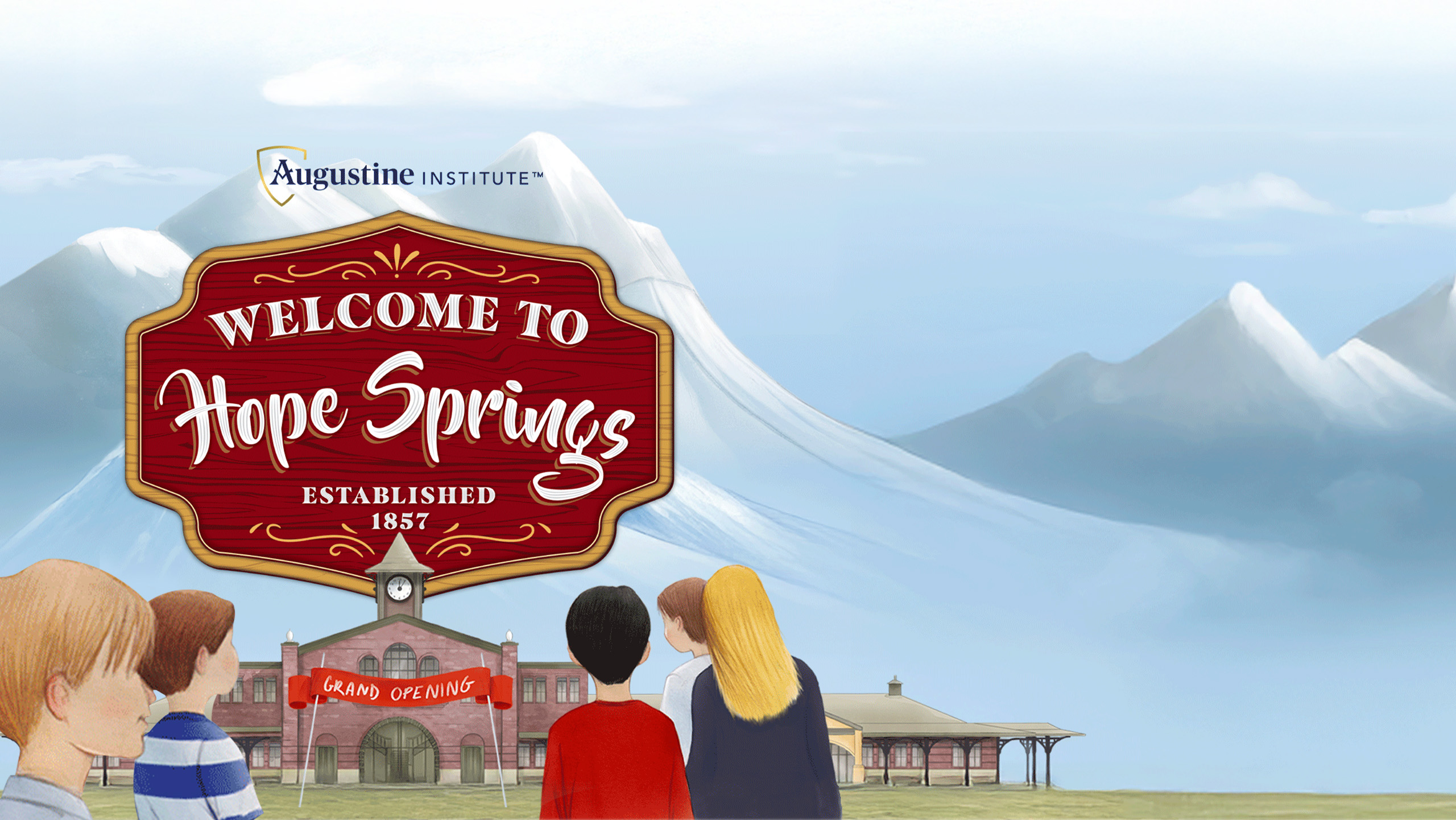 Hope Springs illustration with children and mountain view