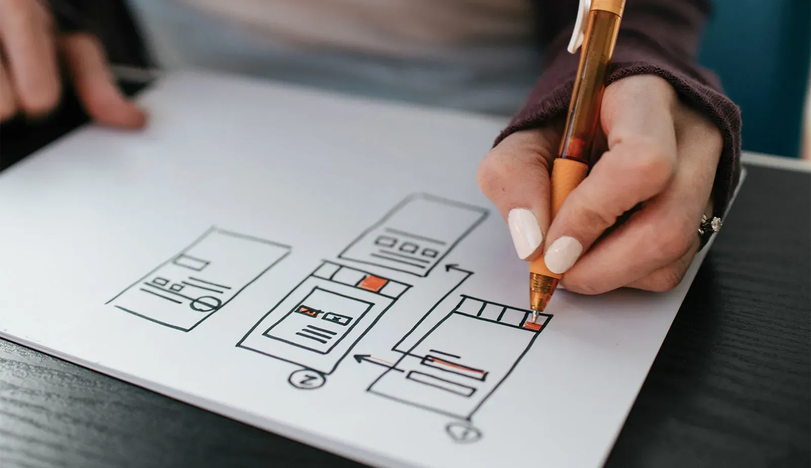 a woman drawing a wireframe on a piece of paper