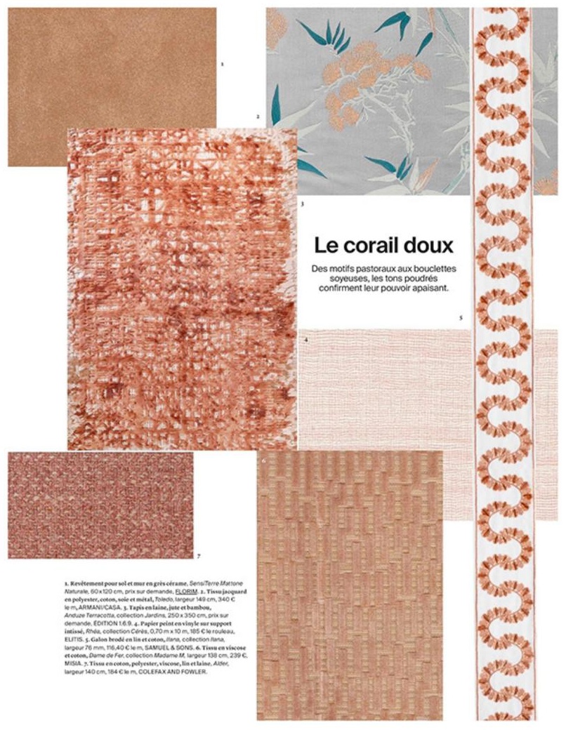 AD, Le corail doux. Sélection de matières et textiles corail, dont le grès cérame Florim SensiTerre.
