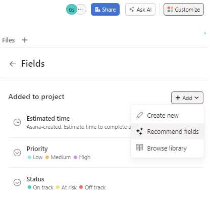 Asana Recommended Fields