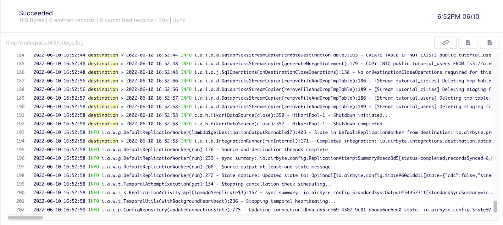 Logs of a successfully synced Databricks Lakehouse Connection