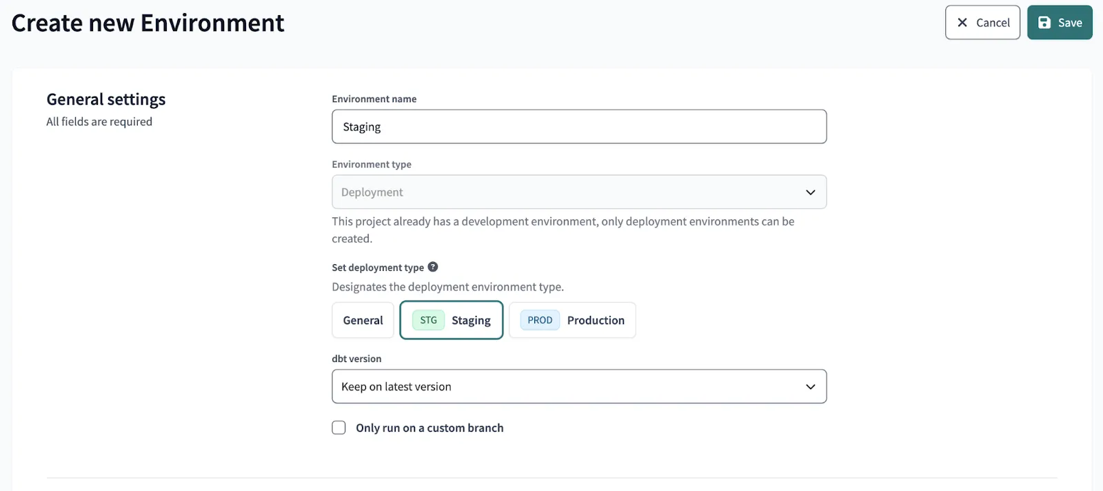 Create new Environment in dbt Cloud