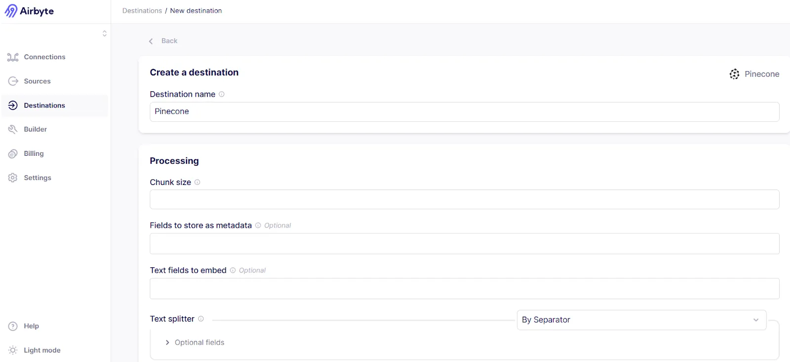 Configuring Pinecone Destination